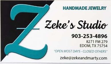 Business card for Zeke's Studio, a handmade jewelry shop in Edom, TX.