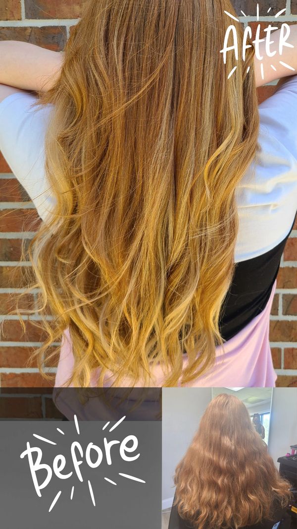 before and after balayage highlights on long red hair