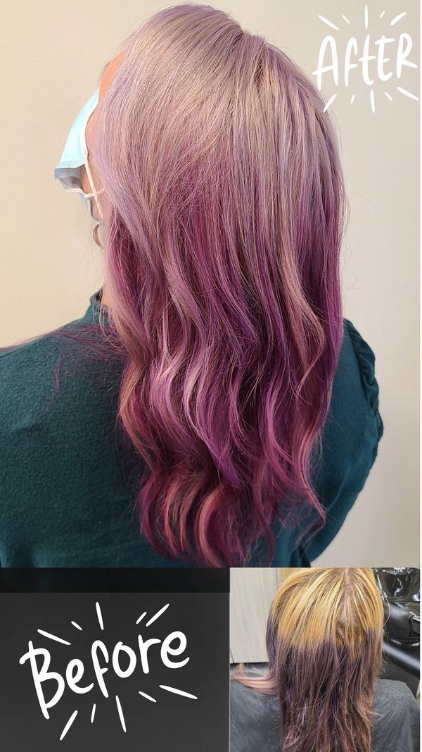 Before and after photos of color correction at Peachtree City hair salon