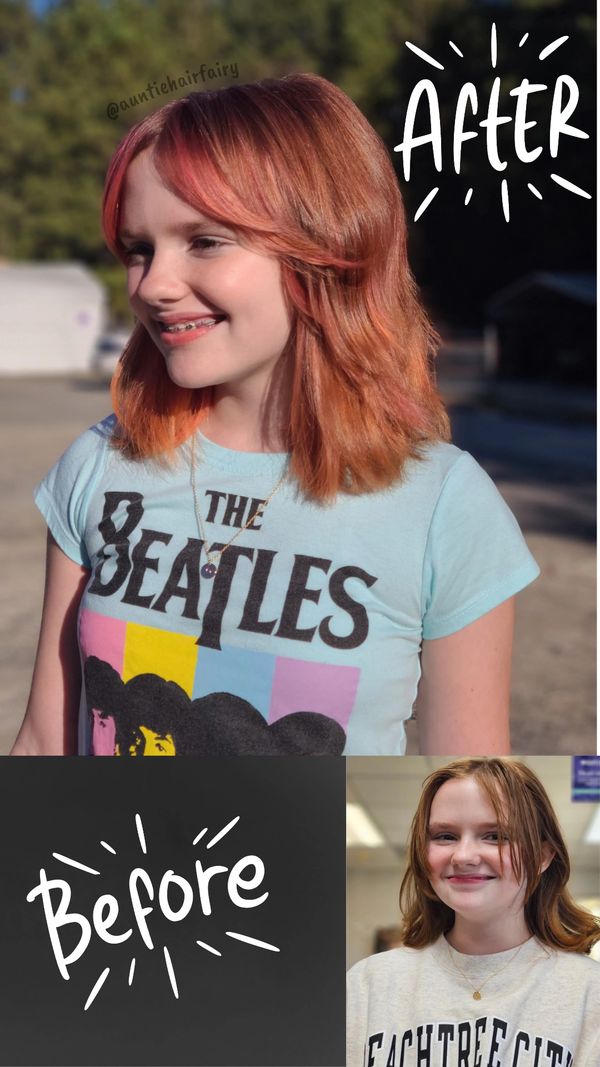 textured layer haircut featuring peek a boo pops of vivid color before and after photo