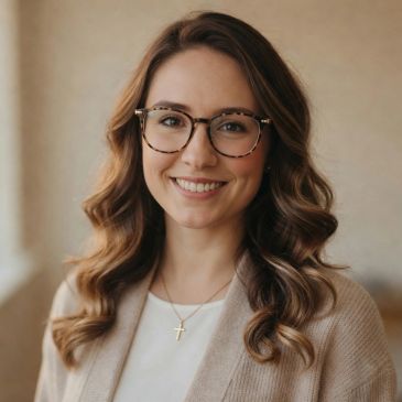 Smiling woman with glasses and wavy hair.