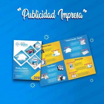 Colorful printed advertising brochure showcasing marketing and publishing services.