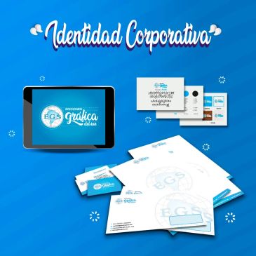 Corporate identity design with business cards and letterheads on blue background.