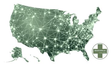 Digital network map of the USA with Health Wise LLC logo.