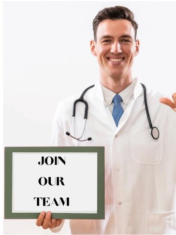 Doctor holding a sign saying 'JOIN OUR TEAM'.