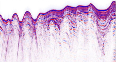 Datos sísmicos marinos en color: trazas y densidad variable en rojo y azul