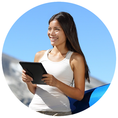 Girl hold on a tablet, smiling