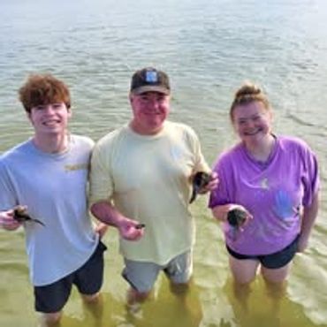 Three people standing in water holding small turtles and smiling.