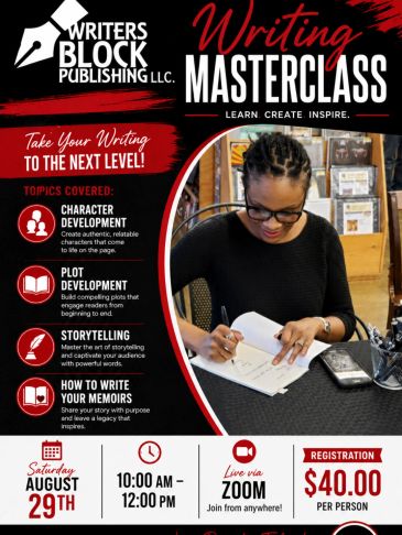Advertisement for a writing masterclass with topics and registration info.
