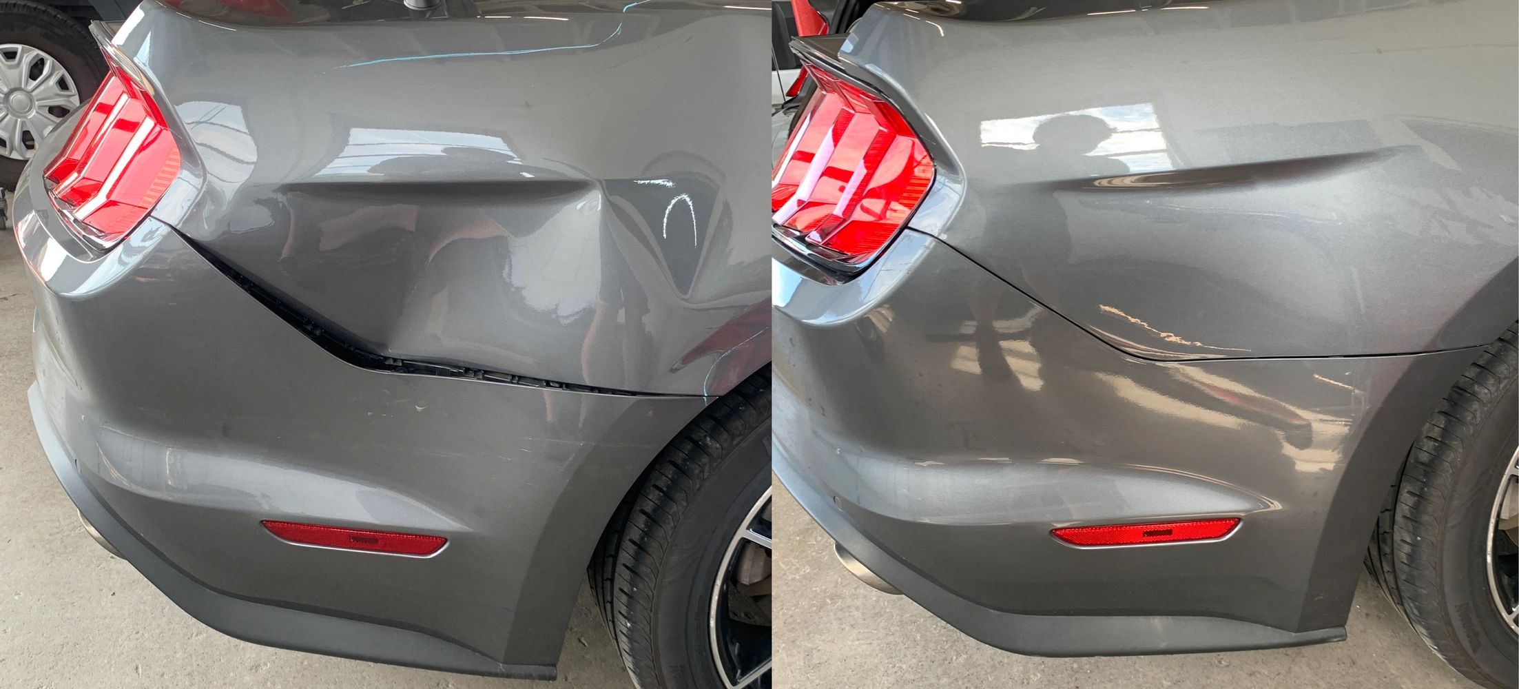 Before and after paintless dent repair on a Ford Mustang quarter panel.