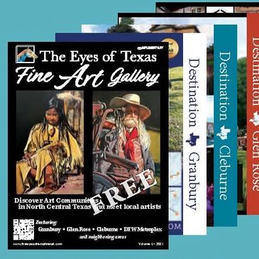 Flyers promoting Texas art galleries and destinations.