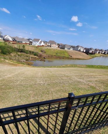 A suburban neighborhood with a grassy hill and small pond under a clear blue sky.