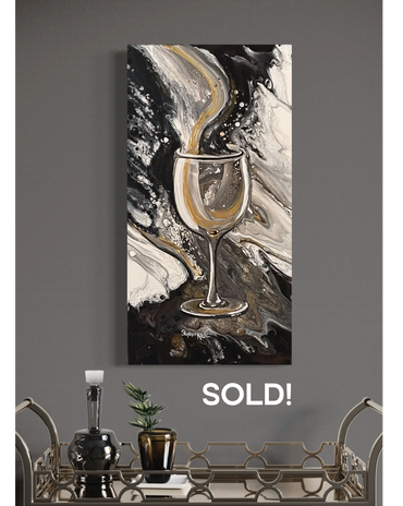 Abstract painting of a wine glass with swirling black, white, and gold colors.