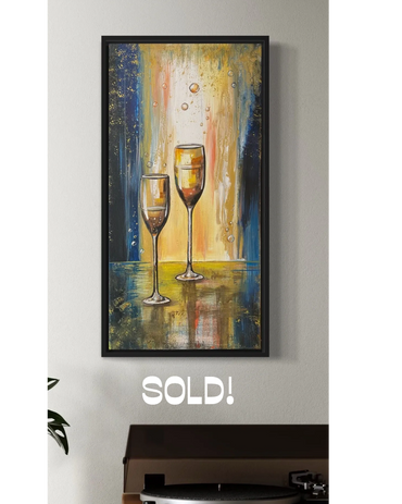Abstract painting of two wine glasses with colorful background, labeled SOLD.