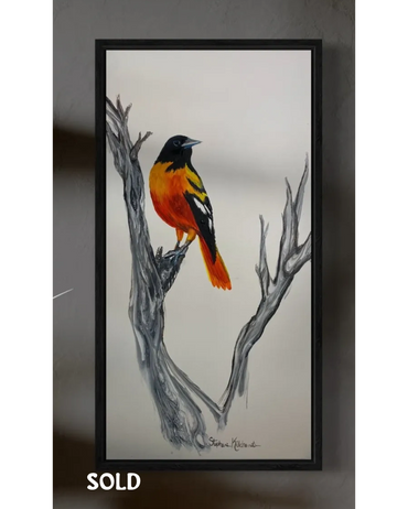 Vibrant bird perched on a branch in a framed painting.
