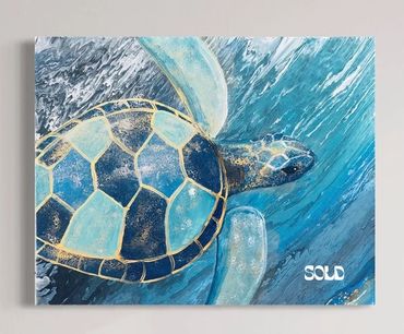 Painting of a blue sea turtle swimming in textured water.