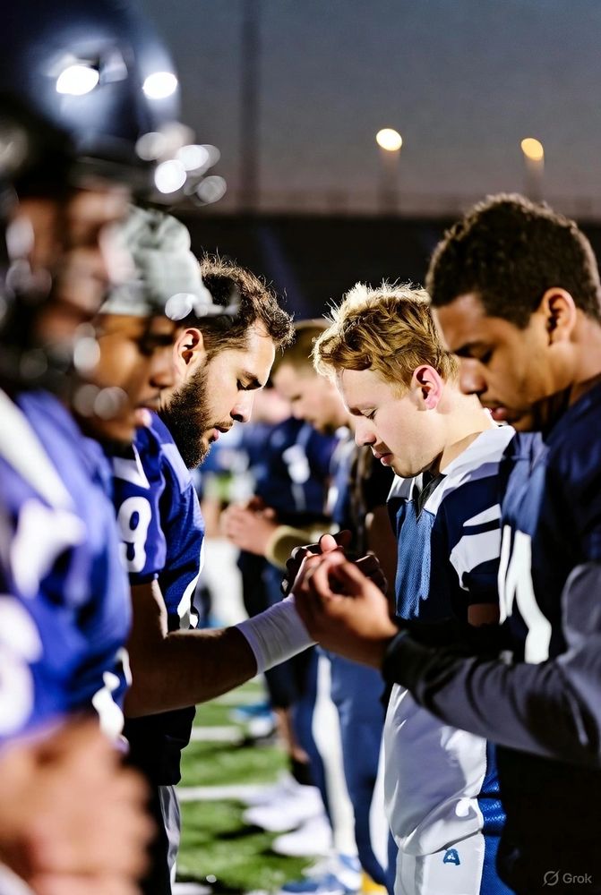 Football players from opposing teams pray together before the game.