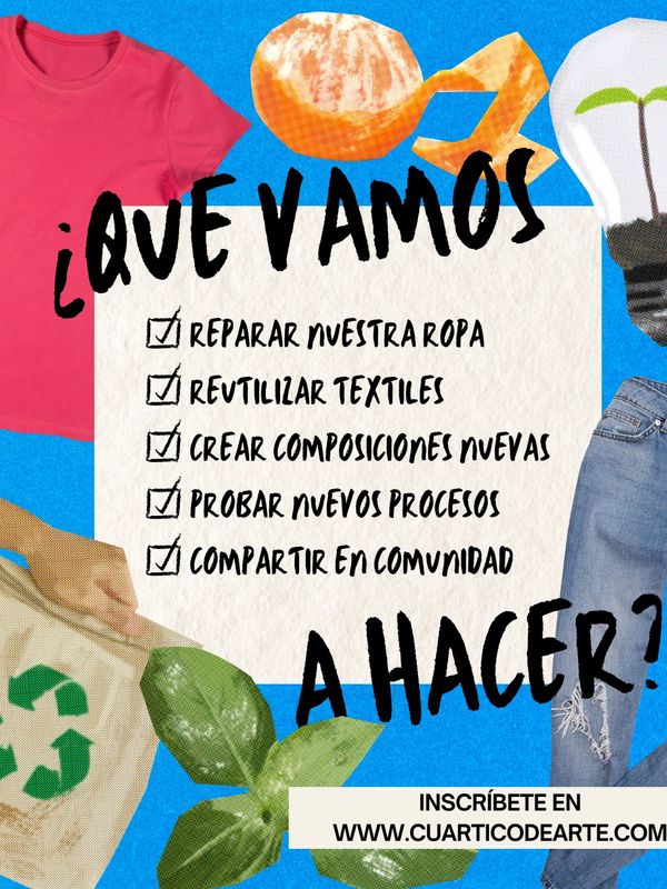 Cartel motivacional para reparar, reutilizar y compartir en comunidad con ropa y textiles.