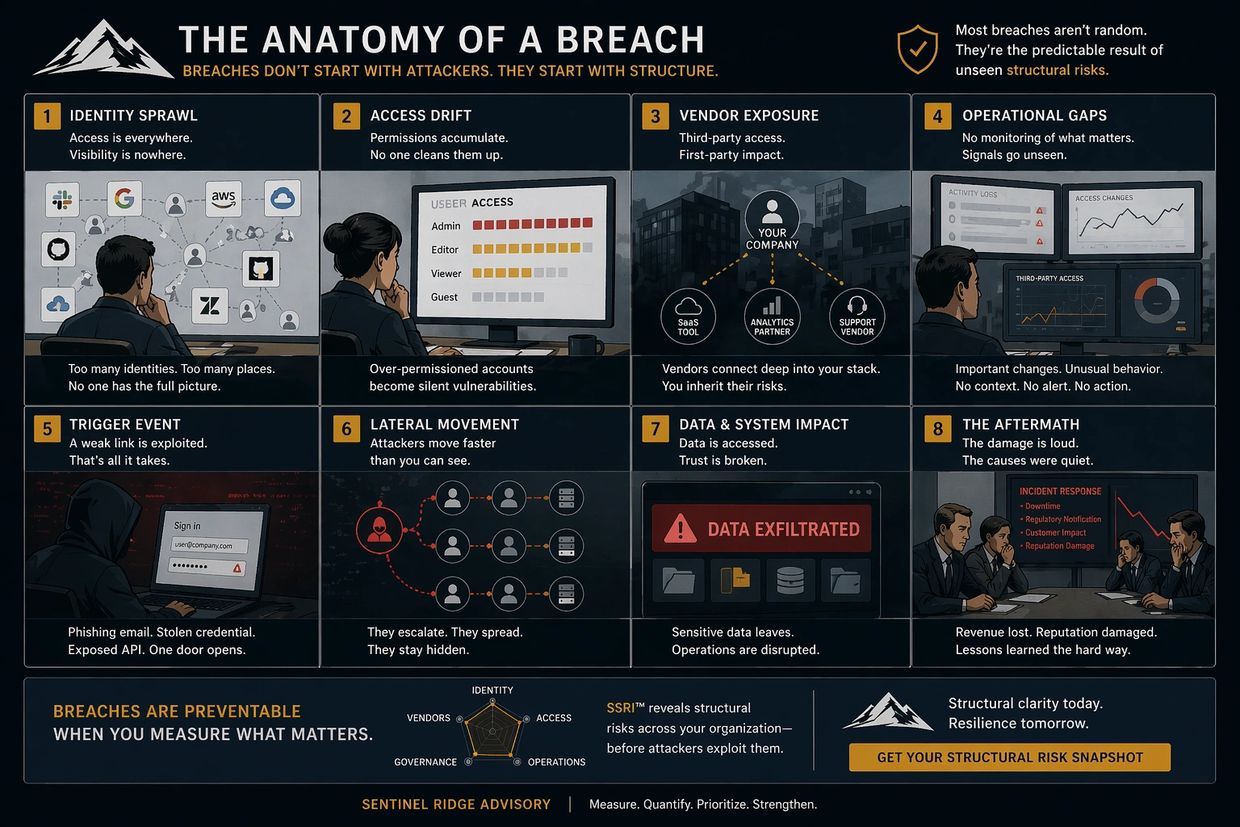 Diagram explaining eight structural risks leading to data breaches in organizations.