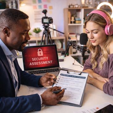 Two professionals discuss a security assessment with a checklist and laptop.