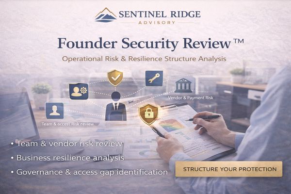 Sentinel Ridge Advisory's Founder Security Review assesses operational risks and resilience.