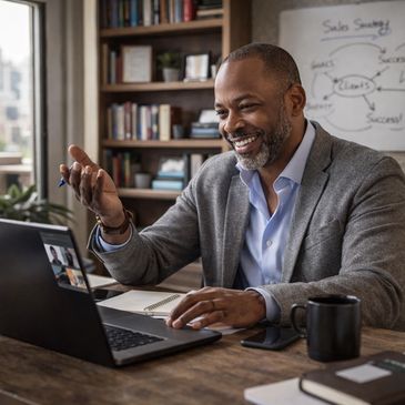 Man in a gray blazer engaged in a video call at home office.