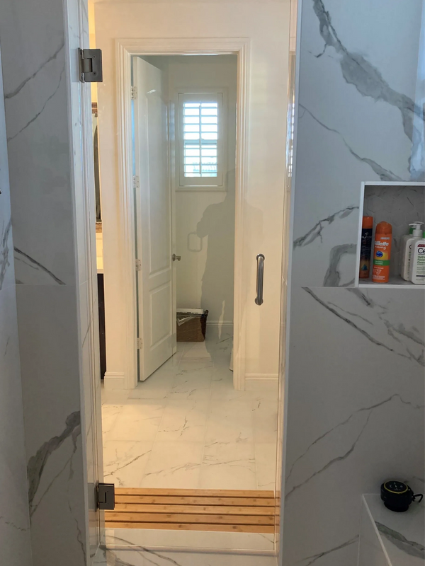 Heavy Glass Frameless Hinged Shower Door. Clear Tempered Glass. Brushed Nickel Shower Hardware
