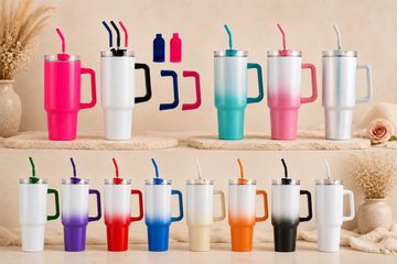 Colorful insulated tumblers with straws and handles.