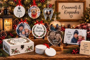 Christmas ornaments with family photos and festive decorations.