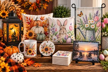 Autumn-themed decorations with pumpkins, flowers, and a bunny pillow.