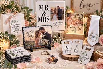 Decorative wedding display with romantic signs and keepsakes.