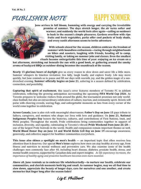 A magazine page with a summer-themed publisher note and colorful text.
