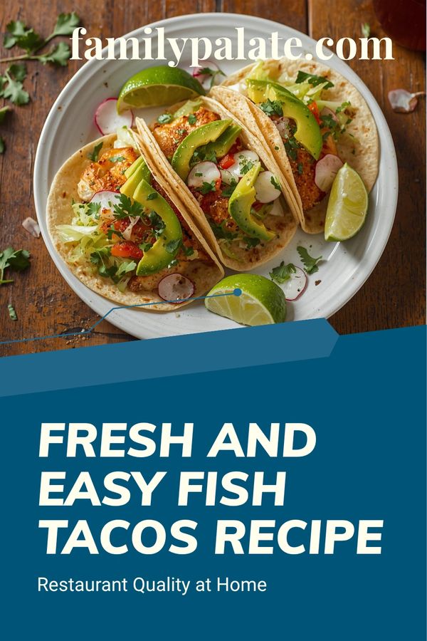 Three fresh fish tacos topped with avocado and lime wedges on a white plate.