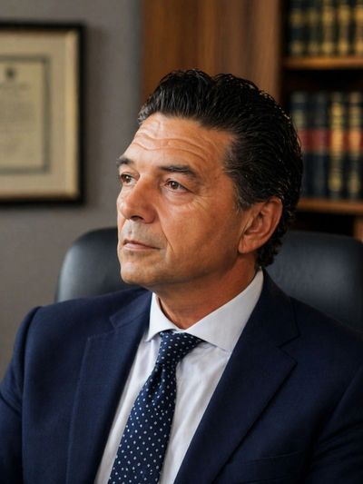 Serious businessman in a navy suit sitting in an office.