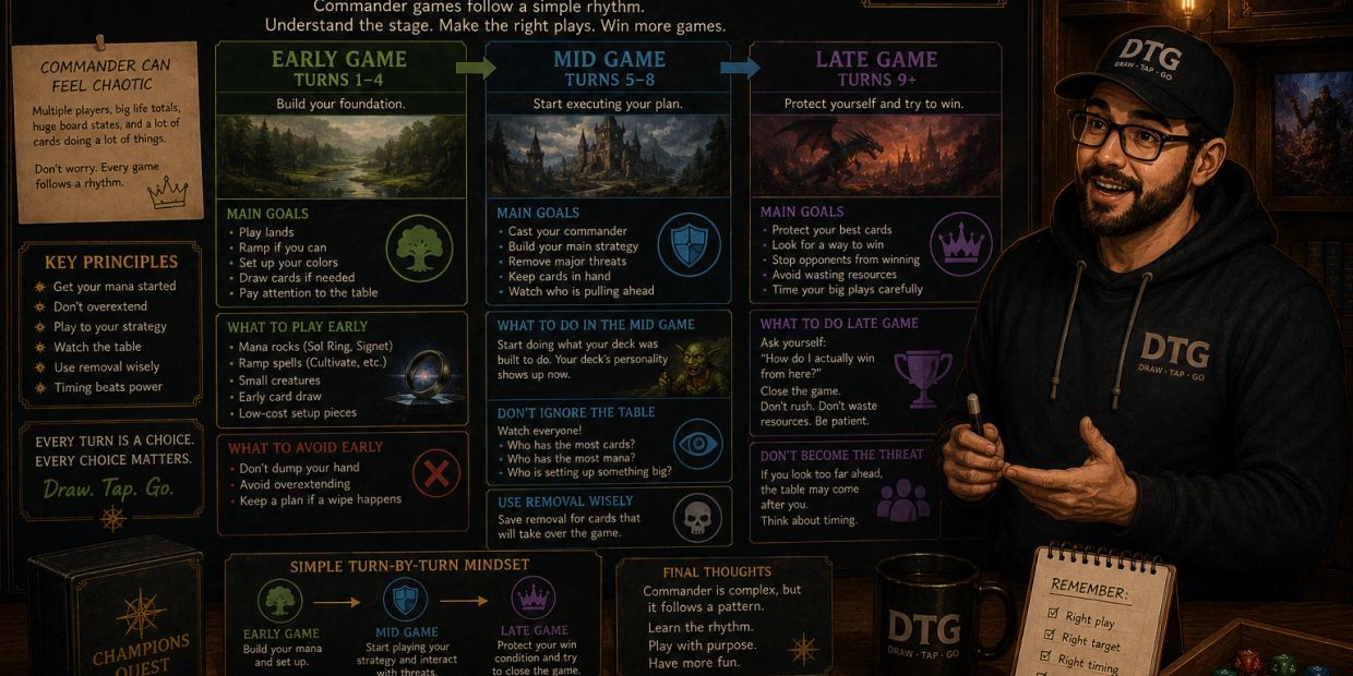 A detailed Commander game strategy guide with early, mid, and late game tips.