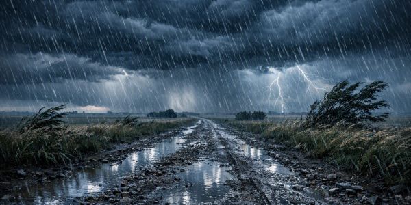 A stormy road with rain and lightning strikes.
