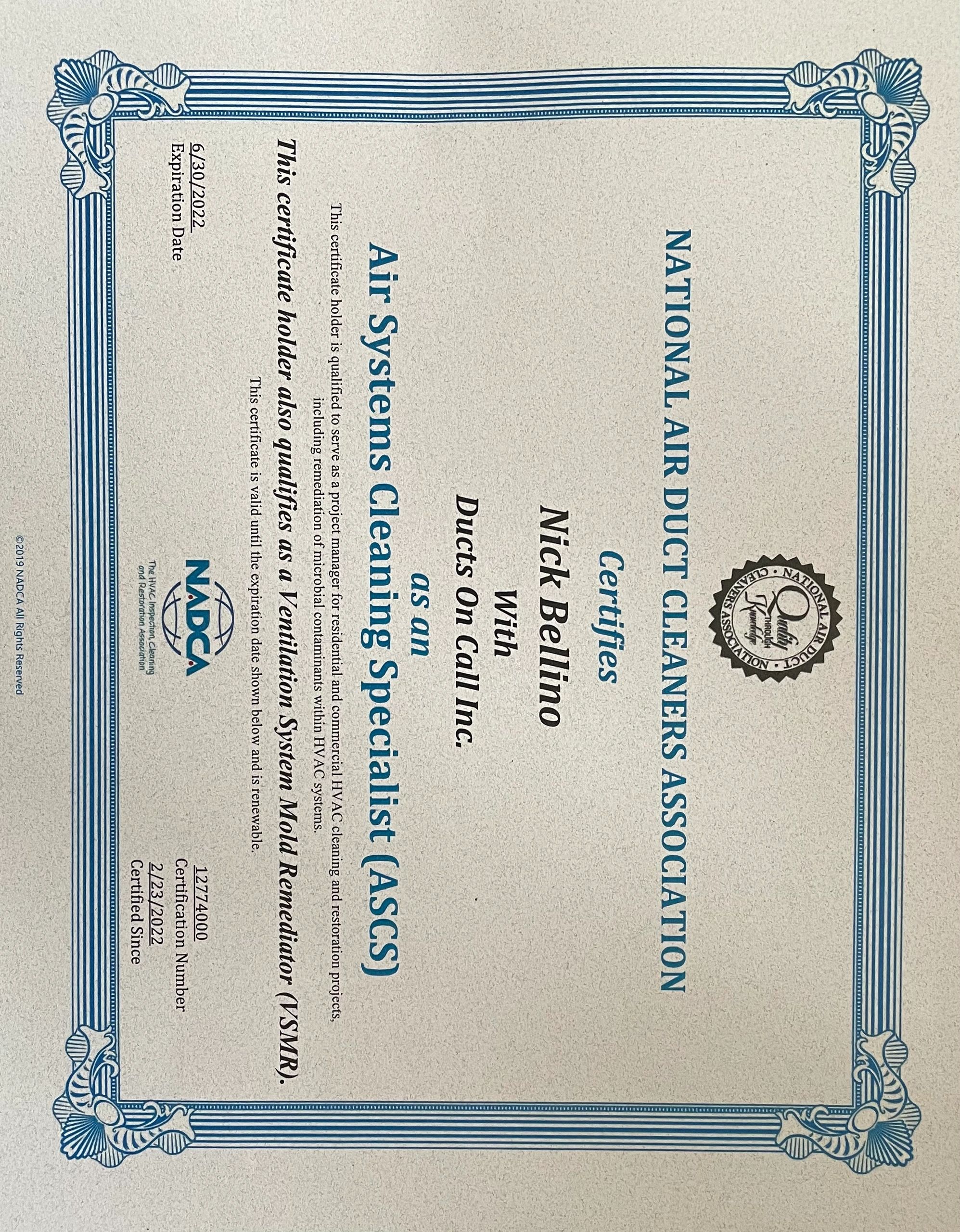 Certified air duct cleaning service