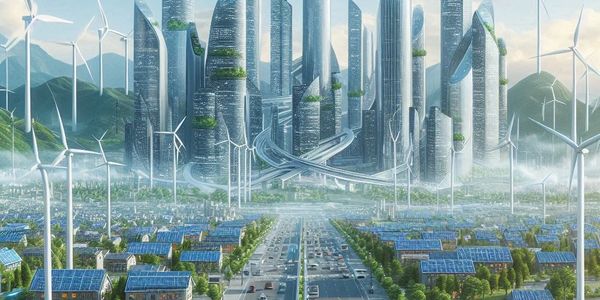 Futuristic city with wind turbines and solar panels.