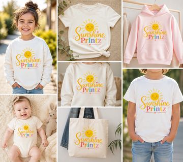 Various kids' apparel and accessories with a cheerful "Sunshine Printz" sun logo design.