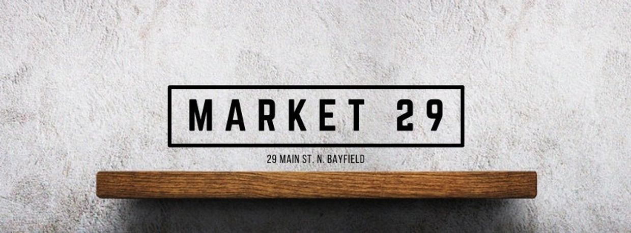 Market29 logo, boxed black text above an antique wooden shelf