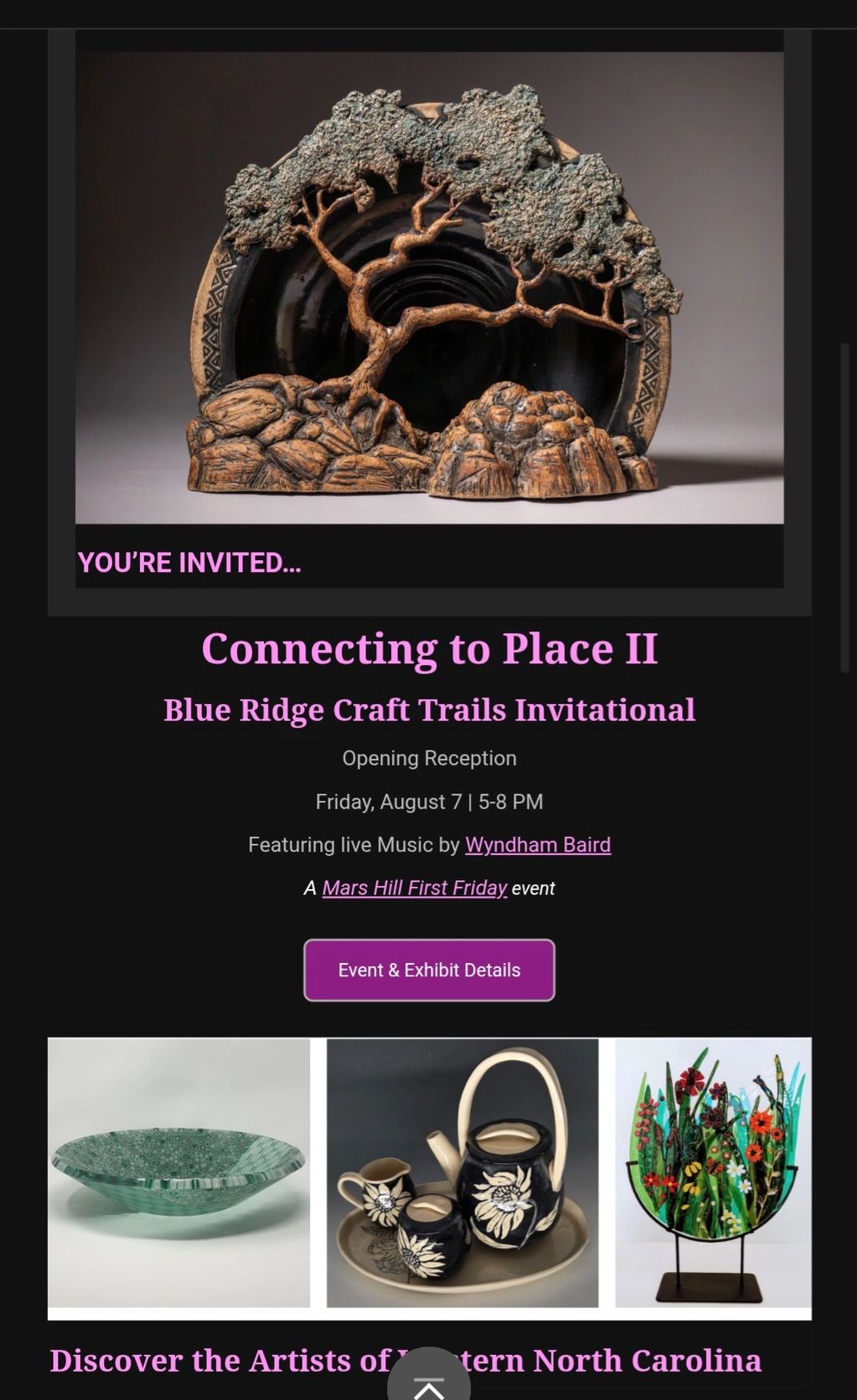 Art invitation for Blue Ridge Craft Trails with live music.