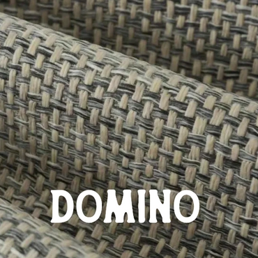 Close-up of woven fabric with a beige and black pattern called Domino.