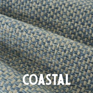 Close-up of woven fabric with blue and beige threads labeled 'COASTAL'.