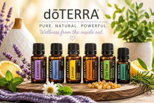 Assorted doTERRA essential oils with fresh herbs and citrus on a wooden surface.