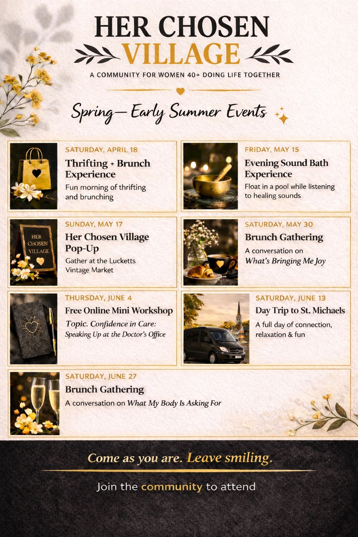 Community events for women 40+ with brunches, workshops, and trips in spring and early summer.