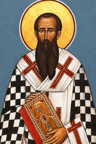 Iconic religious painting of a saint holding a decorated book with a golden halo.