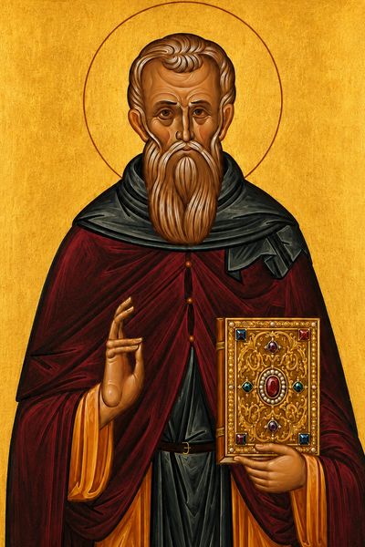 Icon of a bearded saint holding a jeweled book and blessing gesture.