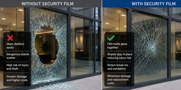 Comparison of glass window damage with and without security film.