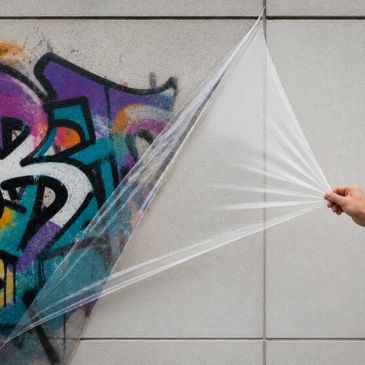 A hand peeling off a transparent film to reveal colorful graffiti on a wall.