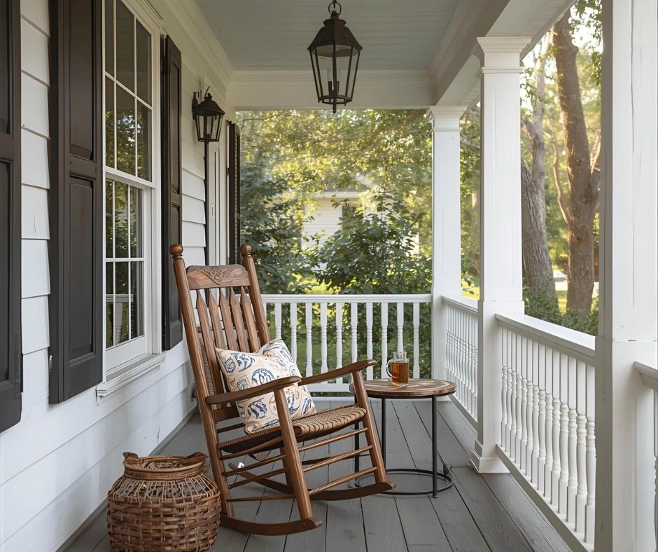 Cozy wooden rocking chair on a peaceful porch with a small table and lanterns.